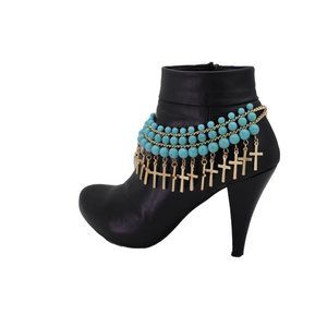 Women Gold Metal Boot Chain Bracelet Shoe Religious Cross Charms Turquoise Blue